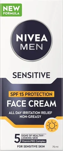 NIVEA MEN Sensitive Schutzcreme SPF 15 75 ml - Sonnenschutzcreme für Herren, 75 ml, schützt die empfindliche Gesichtshaut effektiv vor UV-Strahlen und sorgt für eine geschmeidige Pflege. Ideal für den täglichen Einsatz.