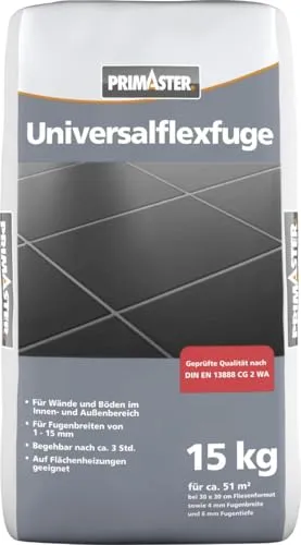 Primaster Universalflexfuge 1 - 15 mm zementgrau 15 kg - Mörtel, Putz, Zement & Gips – Flexible Fuge für Fliesen mit einer Breite von 1 bis 15 mm, ideal für Innen- und Außenbereiche.