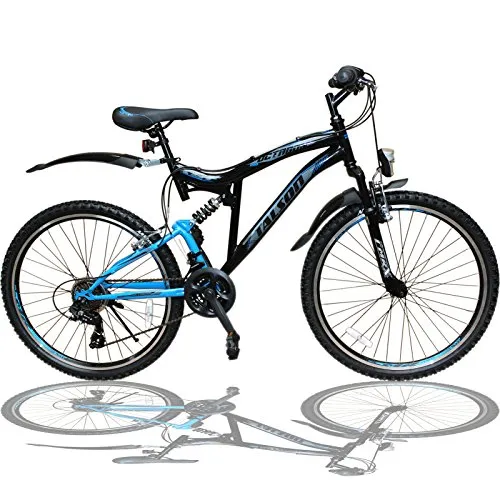 Zoll Mountainbike mit Vollfederung und Beleuchtung - 21-Gang Shimano OXT Black 26 - 26 Zoll Mountainbike mit 21-Gang Shimano, Vollfederung und integrierter Beleuchtung, ideal für komfortable Fahrten auf unebenem Terrain. Empfohlene Körpergröße: 150-170 cm.