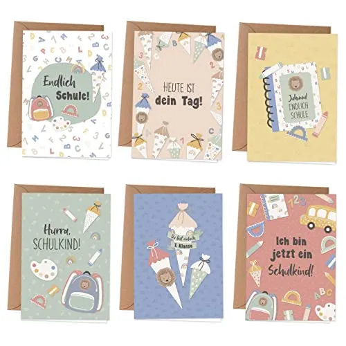Papierdrachen 6 Grußkarten als Klappkarte inklusive Umschlag und 6 Aufkleber zur Einschulung - Grüße für das Schulkind - kindgerechte Glückwunschkarten zum Schulanfang - Pastell - Set 4