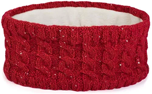 styleBREAKER Damen Strick Stirnband mit Zopfmuster und Pailletten, Fleece Futter, Haarband, Thermo Winter Headband 04026028, Farbe:Rot