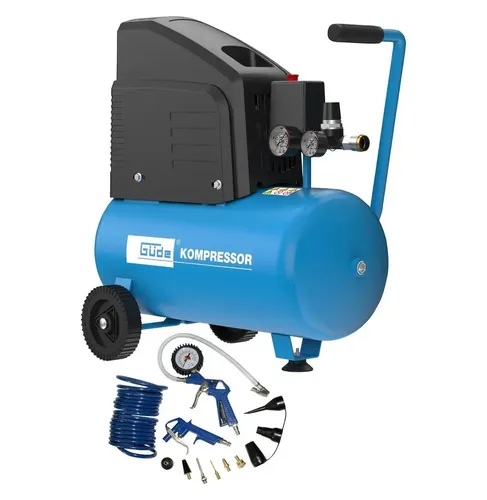 Güde Druckluft Kompressor 220-8-24 – 13-tlg. Set, ölfrei - Kompressor für vielseitige Anwendungen mit 220 l/min Ansaugleistung, ölfrei und ideal für Heimwerkerprojekte. Leicht und leistungsstark mit 8 Bar Betriebsdruck.