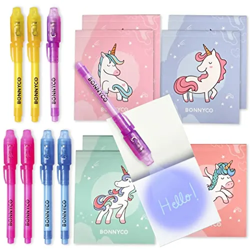 BONNYCO UV Stift und Notizbuch, 8 Stück Einhorn Mitgebsel Kindergeburtstag Mädchen und Junge. Kindergeburtstag Gastgeschenke, Kleine Geschenke für Kinder. Adventskalender Inhalt, Einhorn Deko