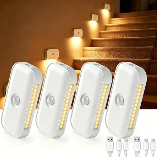 4er Set Nachtlicht mit Bewegungsmelder | USB-C Aufladbare Treppenbeleuchtung für Innenräume