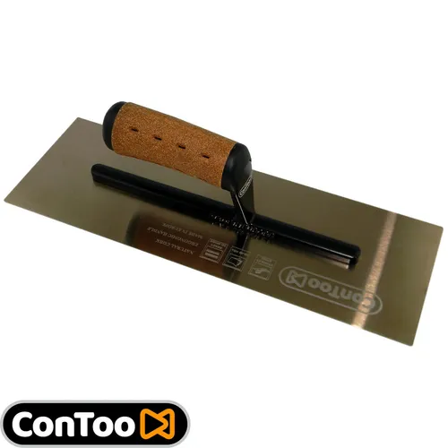 Premium HQ Glättkelle aus goldenem Edelstahl - Maurerkelle mit flachem Blatt (120x355 mm) und ergonomischem Korkgriff für optimalen Komfort und präzise Ergebnisse beim Verputzen.