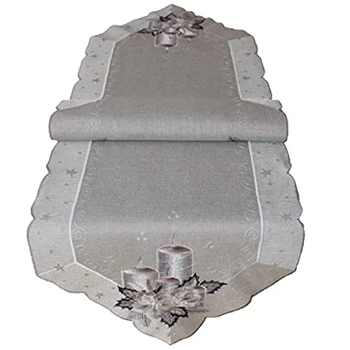 Tischdecke Mitteldecke Deckchen Tischläufer Kissenhülle Weihnachten Silber grau Bestickt mit Kerzen (40 x 140 cm)