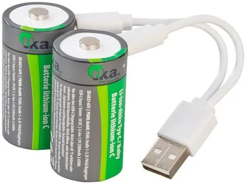 tka Köbele Akkutechnik Batterie USB: 2er-Set Li-Ion-Akkus Typ C mit USB-C, 2.300 mAh, 3.450 mWh, 1,5 V (Baby Akku, LR14-Akku, Taschenlampe)