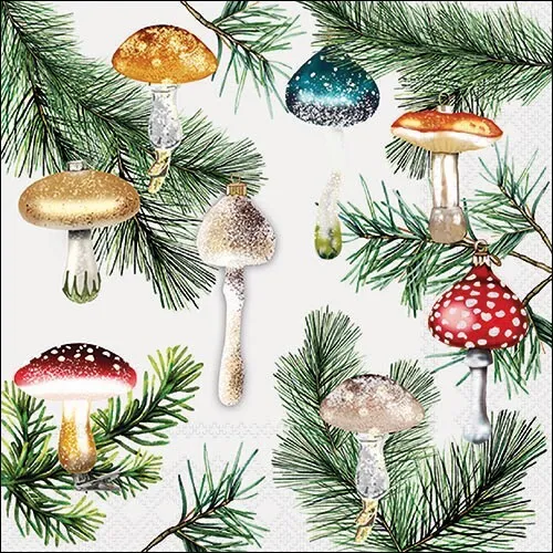Servietten Mushroom Ornaments white Pilzanhänger Christbaum Glitzer 33x33cm 20