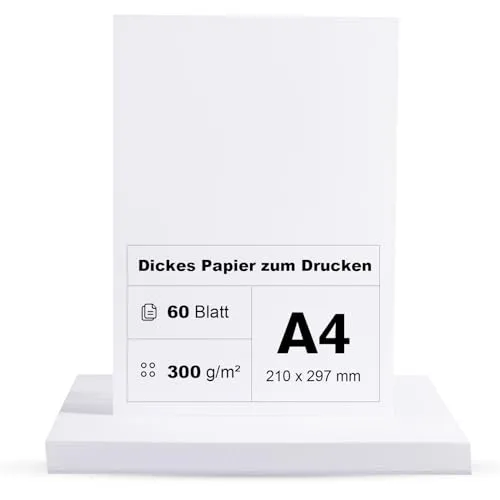 Blatt Dickes Papier 300g/m² A4 zum drucken Premium Papier Dickes zum Drucken Kartonpapier Tonkarton Pappe Weiß DIN A4-21 x 29,7 cm 60