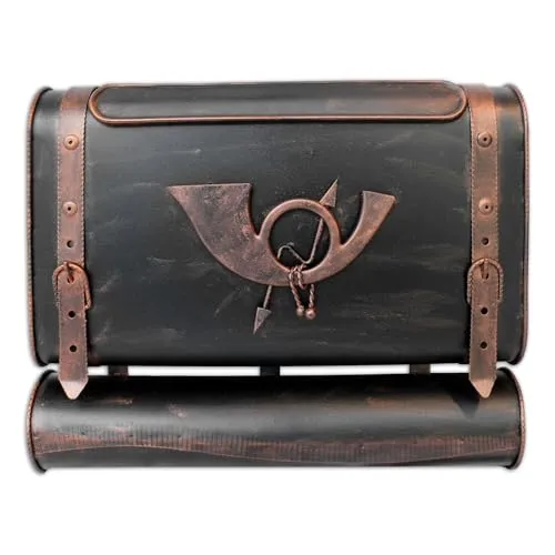 Wandbriefkasten Retro Koffer mit Posthorn - Stylischer Briefkasten im Retro-Design, aus Kupfer gefertigt und mit praktischer Zeitungsfachöffnung rechts.