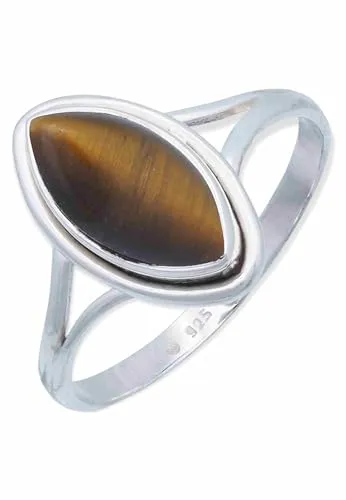 mantraroma Damen Ring Silber mit Stein Tigerauge Edelstein braun schlicht groß modern