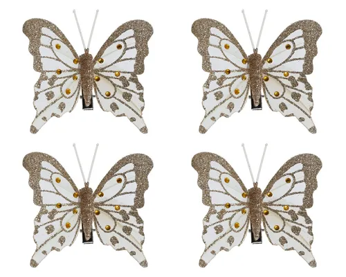 Kaemingk Christbaumschmuck, Schmetterling mit Clip 8cm 4er Set Gold / Weiß