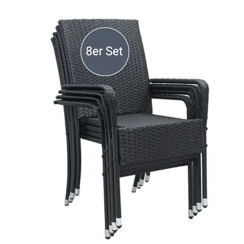 Juskys Gartenstuhl Yoro (8 St) - Stapelbare, moderne und leichte Stühle in Schwarz - Stühle für den Garten, 8-teiliges Set, stapelbar und ideal für platzsparende Aufbewahrung, robustes Polyrattan und Stahl für lange Haltbarkeit.