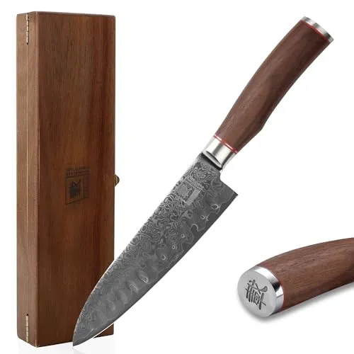Zayiko Damast Santokumesser - Japanischer Damaststahl VG-10 - Küchenmesser aus hochwertigem Damaststahl, ideal für präzises Schneiden und Langlebigkeit. Perfekt für anspruchsvolle Köche.