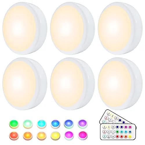 HELPLEX Unterbauleuchten, 6 RGBW Kabellose Schrankbeleuchtung RGBW 16 Farben LED Nachtlicht mit Fernbedienung und Timing-Funktion, Batteriebetriebene Schrankleuchten Beleuchtung Dimmbar Treppenlicht