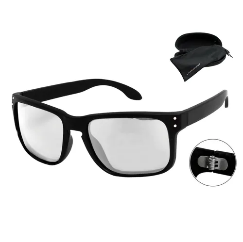 Polarisierte Sonnenbrille Herren Eckig Schwarz Silber Verspiegelte UV400 Gläser Rennec Markenbrille mit Hardcase