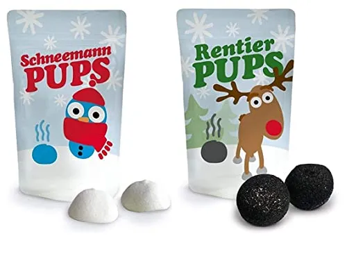 Liebeskummerpillen Rentierpups und Schneemann Pups | Weihnachts-Marshmallow-Set für Adventskalender zum Selbst-befüllen | 2x 18g