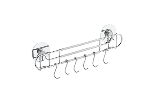 WENKO TurboFIX Küchen-Reling mit 6 Haken - Befestigen ohne bohren, verchromtes Metall, 31.5 x 9.5 x 5 cm, Silber glänzend