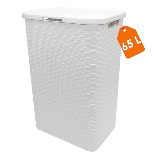 Kunststoff Wäschekorb weiß mit Deckel in Rattan Optik - 65 Liter - Wäschesammler in Flechtoptik mit seitlichen Griffen - Wäschesammelbox platzsparend feuchtraumbeständig