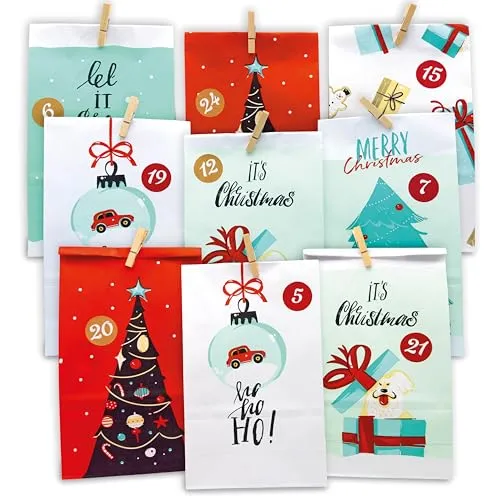HAGEFOL Adventskalender zum Befüllen - Extra groß und blickdicht, 24 Papiertüten mit Weihnachtsmotiven und nachhaltigem DIY-Vergnügen