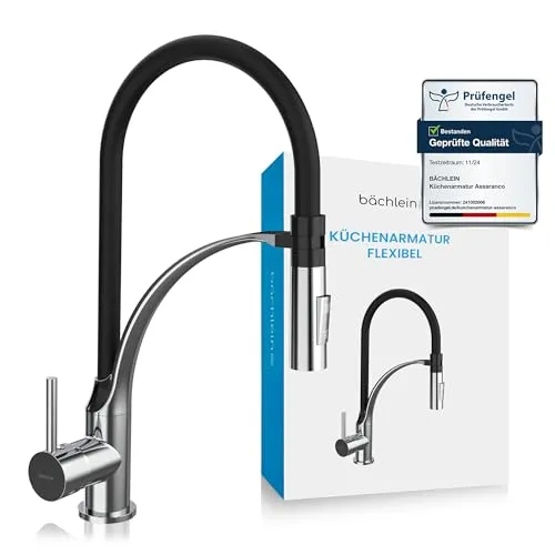 Bächlein Küchenarmatur Assaranco – 360° schwenkbar (Chrom) - Berührbare Wasserhähne für die Küche mit flexiblem Hals und magnetischer Halterung für müheloses Erreichen jeder Spülecke. Inklusive DVGW-geprüften Anschlussschläuchen für einfache Installation!