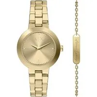 Armani Exchange Damen Uhr AX7177SET 36MM Gold - Elegante 36-mm-Armbanduhr aus goldfarbenem Edelstahl mit kratzfestem Mineralglas. Wasserdicht bis 50 m und individuell anpassbares Band für perfekten Tragekomfort.