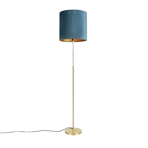 Qazqa Stehlampe Parte fl, E27, Blau, Klassisch - Elegante Stehleuchte mit höhenverstellbarem Design, blauer Samtschirm und goldfarbenem Innenleben. Ideal für eine stilvolle Atmosphäre in deinem Wohnzimmer.