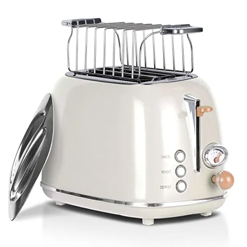 Wiltal Toaster Retro 2 Scheiben 6 Einstellbare Bräunungstufen，Edelstahl mit hochwertige Brötchenaufsatz Aufwärmen-Auftauen-Abbrechenfuktion，Countdown-Anzeige，Schnell-Toast-Technologie (Milchig weiß)