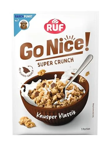 RUF GoNice! Super Crunch Knusper Klassik Müsli, crunchy Granola mit geraspelter Vollmilch Schokolade, 50 g Portionsbeutel