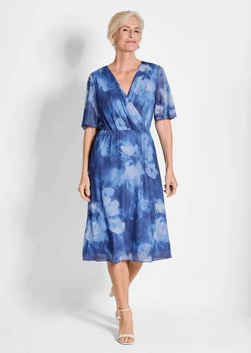 GOLDNER Sommerkleid Wickelkleid mit Blütenprint in Blau, tailliert Midi-Kleid mit femininer Wickeloptik, floral bedruckt, bequem