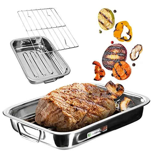 KADAX Bratenform mit Rost - Viereckpfanne aus Edelstahl 35x26cm - Pfanne für Braten, Backen und Grillen, mit herausnehmbarem Rost für fettfreies Kochen, ideal für gesunde Gerichte und vielseitige Nutzung.