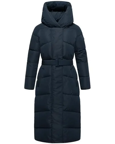 Navahoo Damen Extralanger Wintermantel warmer Steppmantel mit Taillengürtel Eisblick 14 Navy Gr. XL