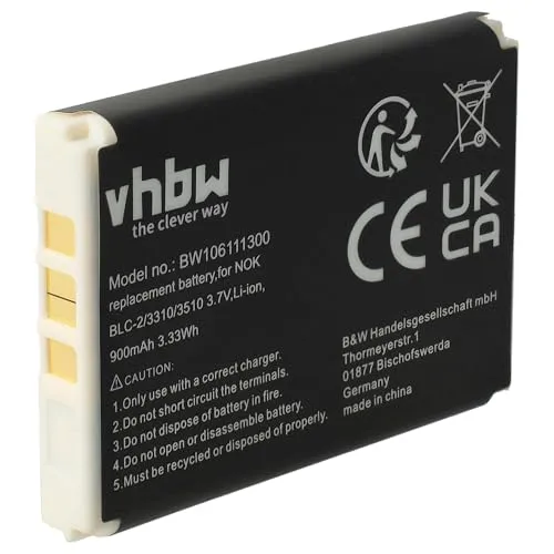 vhbw Akku Ersatz für Nokia BLC-2, BLC-1 für Handy Smartphone Telefon (900 mAh, 3,7 V, Li-Ion)