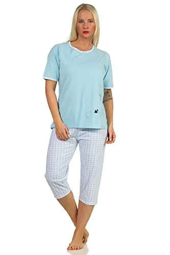 Damen Kurzarm Capri Schlafanzug mit süßen Katzen Motiv und 3/4-langer Karo Jersey Hose, Farbe:hellblau, Größe:44-46