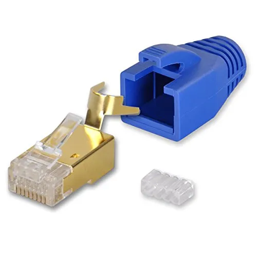 Yonix 10 x Netzwerkstecker RJ45 Cat 7 / 6A | vergoldet | Einführhilfe | Knickschutz | Tülle blau | NSY-758BL