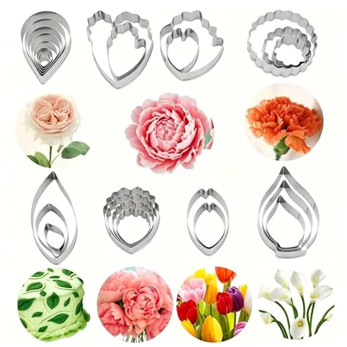 Blumen Fondant Ausstecher Set 26 Stück mit 4 Stück Ball,7 Verschiedene Blumen Rose/Pfingstrose/Nelke/Blätter/Kleine Pfingstrose/Tulpe/Kalla Tortendekoration Modellierwerkzeuge Kekse Werkzeug Set