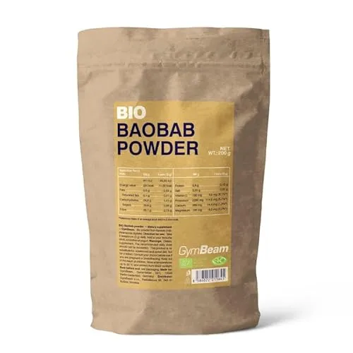 GymBeam Baobab Pulver - BIO Baobab Pulver, veganes Fruchtpulver, reich an Ballaststoffen, ideal für Getränke & Mahlzeiten, nährstoffreiches Superfood aus der Frucht des Baobabbaums, 200 g