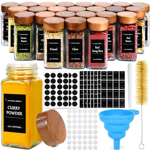 MOYKSRR Gewürzgläser Set, Gewürzgläser Eckig mit Holzdeckel [24 x 120ml] Gewürzstreuer, Spice Jars, Gewürzbehälter Glas, Gewürzdosen mit 48 Streueinsatz, Etiketten, Silikon Trichter, Reinigungsbürste