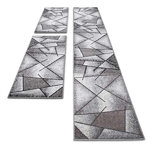 oKu-Tex Bettumrandung Set 3-teilig [67x340 cm | 2 mal 67x140 cm] Grauer Bettvorleger, meliert - weicher Kurzflor pflegeleicht - Teppich Schlafzimmer - Modernes geometrisches Design - Deutsche Marke