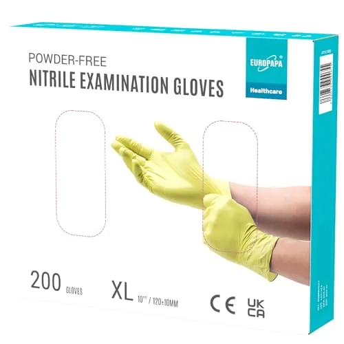 EUROPAPA® 200x Einweghandschuhe Nitrilhandschuhe puderfrei Untersuchungshandschuhe EN455 EN374 latexfrei Einmalhandschuhe Handschuhe in Gr. S, M, L & XL verfügbar (XL, Gelb)