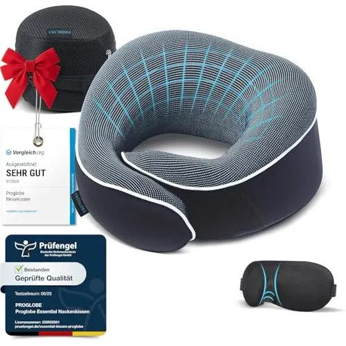 Proglobe Nackenkissen Flugzeug, Reisekissen 100% Memory Foam, Orthopädisches Nackenhörnchen, Für Reisen mit Flugzeug, Auto, Zug, Mit 3D-Schlafmaske, Hochwertige Netztasche (Blau)