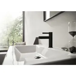 hansgrohe Finoris 110 Waschtischarmatur 76023670 - Moderne Waschtischarmatur in mattschwarz mit Push-Open Ablaufgarnitur und einstellbarer Temperaturbegrenzung - ideal für stilvolle Badezimmer.