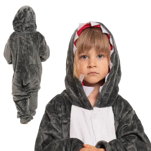Kinder Pyjama Kigurumi Overall Kostüm Grau Hai 105-115 cm