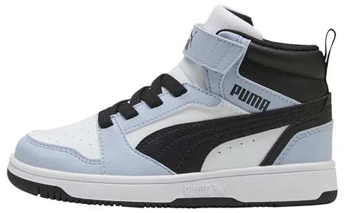 PUMA Rebound V6 MID AC+ PS Sneaker für Kinder, Weiß-Schneeberg Blau Schwarz, 32-47 EU - Stylische Kinder-Sneaker mit Kunstleder-Obermaterial und praktischen Klettverschlüssen für einfaches An- und Ausziehen. Ideal für den täglichen Einsatz und sportliche Aktivitäten.