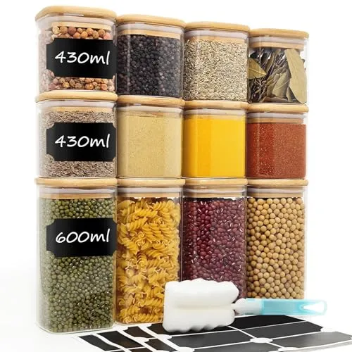 Withosent Vorratsdosen Glas 12er Set, 430/600ml Gewürzgläser Eckig Holzdeckel, Vorratsgläser Glasbehälter mit Deckel, Stapelbare Aufbewahrungsgläser Küche für Gewürze, Nuss, Körner