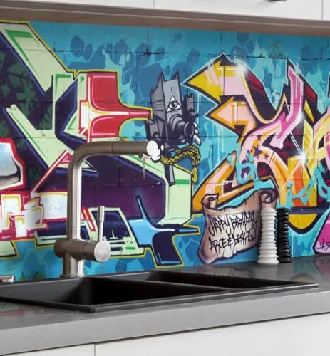 MyMaxxi Küchenrückwand Folie selbstklebend matt - einfache Montage ohne Bohren 0,4mm stark Versteift - Motiv Graffiti 1 60cm hoch - Spritzschutz Küche Klebefolie - Bunt Schrift 400 x 60cm