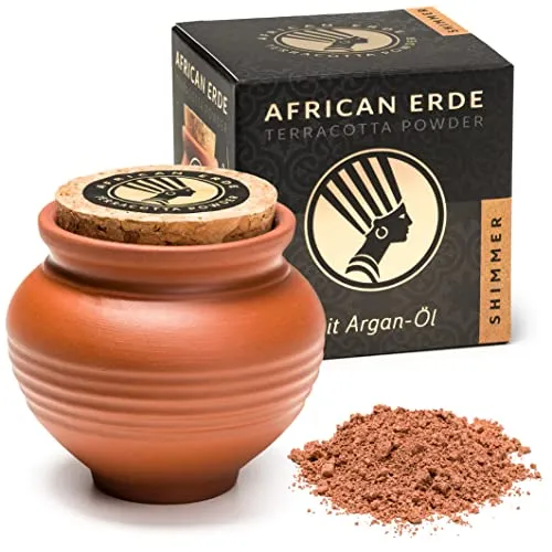 AFRICAN ERDE Terracotta Puder SHIMMER - Loser Bronzer mit Arganöl - Mineral Puder mit Schimmer & Glow - Natürliche Bräune - Für alle Hauttypen - Tontopf mit Kork - 12g