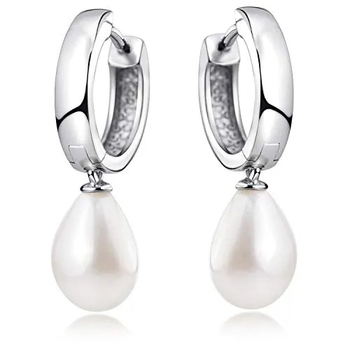 MATERIA Damen Creolen mit Anhänger Perle - Elegante 925 Sterling-Silber Ohrringe - Ohrringe für Damen mit rhodinierten Creolen und weißen Süßwasserzucht-Perlen. Ideal als eleganter Brautschmuck oder Geschenk, in schöner Schmuck-Schachtel.