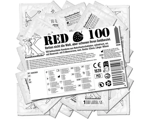 Kondomotheke Kondome RED (rote Kondome, für Oralverkehr und während der Periode) Beutel mit, 100 St., Kondome mit Erdbeergeschmack -, die preiswerten Kondome zum Super-Sparpreis