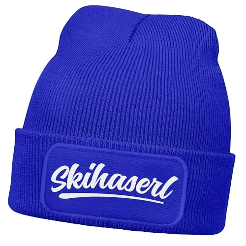 MoonWorks® Damen Beanie mit Patch Skifahren Strickmütze mit Spruch Aufdruck Skihaserl Damenmütze Blau Unisize